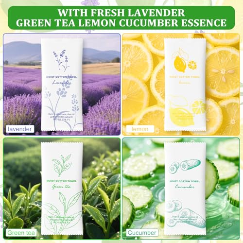Moist Cotton Towelettes Bulk Pack 240 Individually Wrapped Scented Towels - Lavender, Green Tea, Lemon, Cucumber