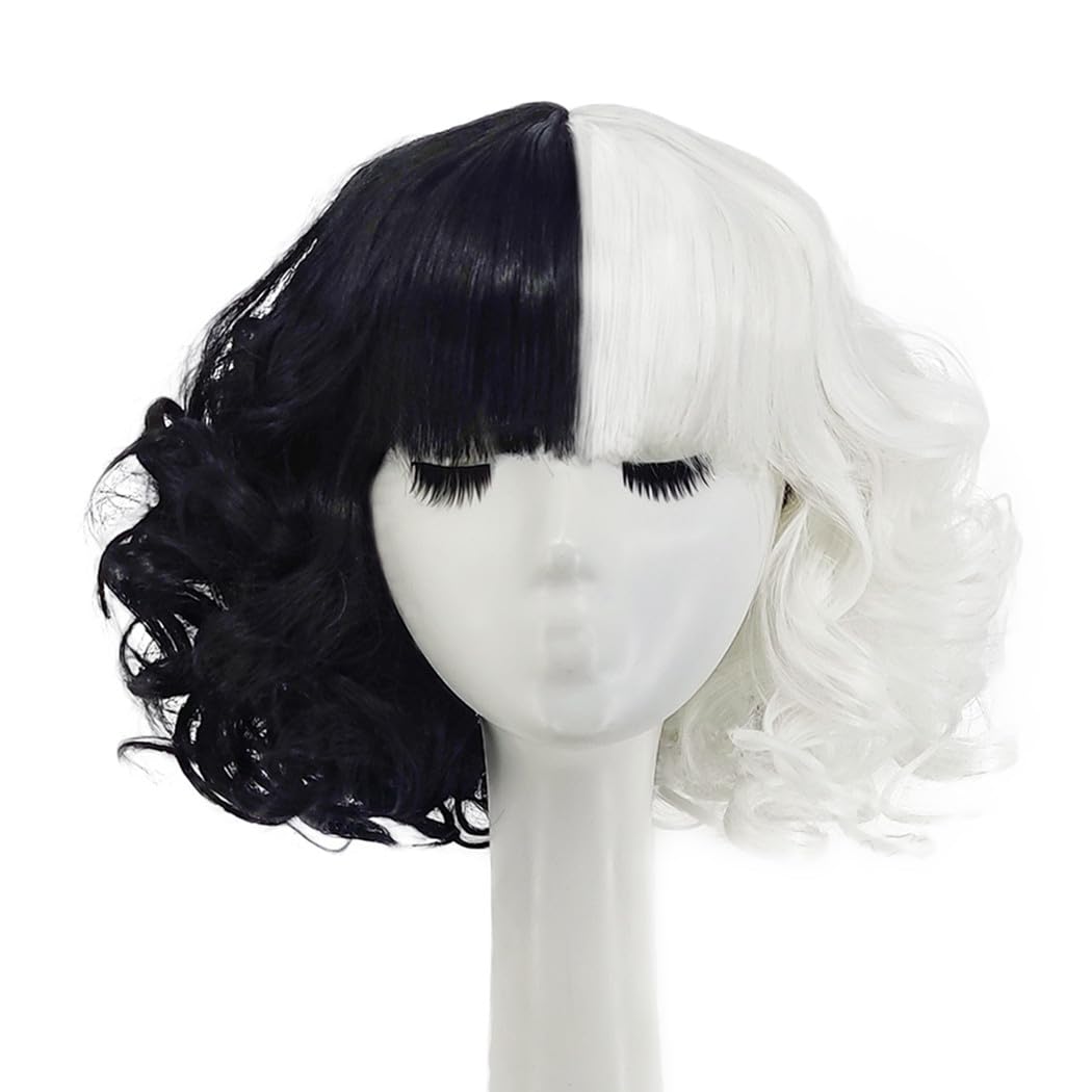 Juziviee Black and White Wigs for Cruella Costume Women Short Curly Wavy Hair Wig with Wig Caps Cute Synthetic Wigs for Party Halloween JZ005BW