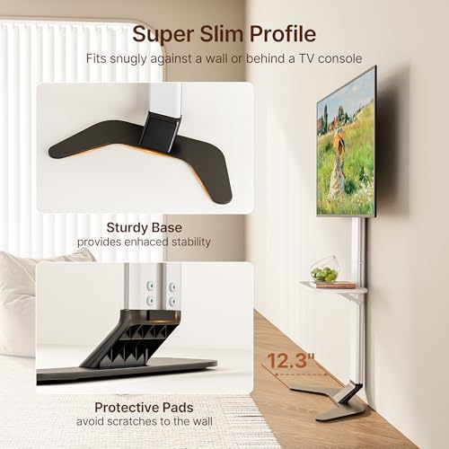 ECOTINY White Floor TV Stand for 37-86 Inch TVs - 51.5" Ultra-Slim, No-Drill & Anti-Tip Safety