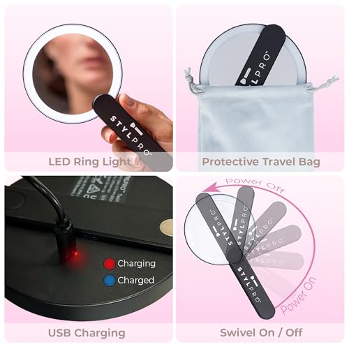 Stylideas Stylpro Twirl Me Up LED Hand Held Compact Makeup Mirror - Lightweight, USB Rechargeable - Rotating Handle Perfect for Selfies - 1 pc
