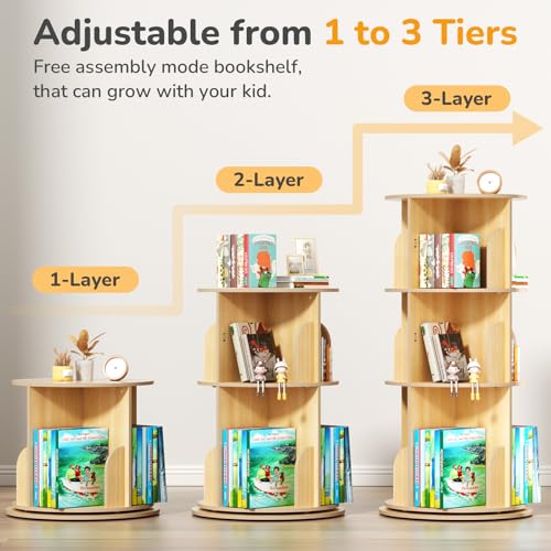 BIERUM 3-Tier 360° Rotating Kids Bookshelf Tower - Space-Saving Child & Adult Storage