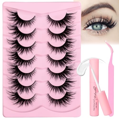 Veleasha Lashes Kit with Glue & Tweezer Cat Eye Lashes that Look Like Extensions Fluffy Faux Mink Lashes Wispy Lashes Natural Look 7 Pairs Fake Eyelashes Pack (Cat Eye)