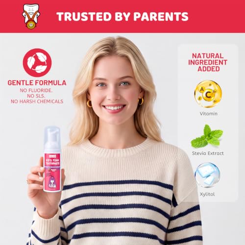 Kids Foam Toothpaste - Fluoride-Free Fruit Flavors, Strawberry, Orange, Peach & Cantaloupe - Travel Pack 4 x 2.1 Fl Oz