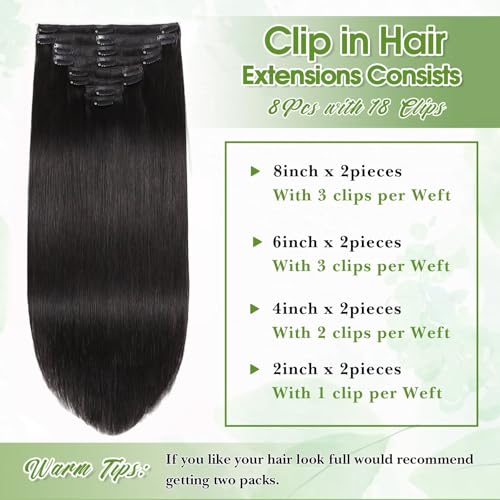 TOHASI Natural Black 1B# 18 Inch Human Hair Clip-In Extensions - Seamless, Tangle-Free, Easy to Apply