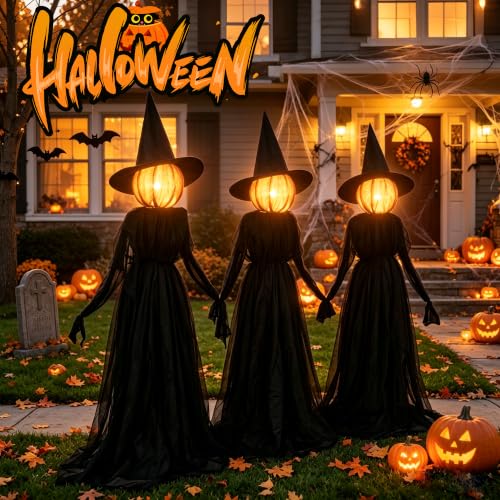 5 Ft Halloween Witches Decor Set of 3 with Lighted Faces, Outdoor Stakes & Timer
