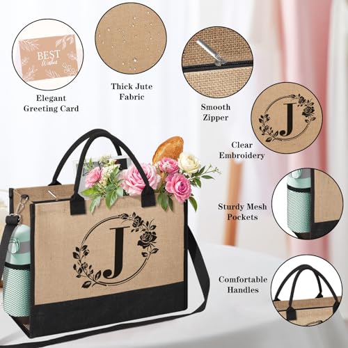 Personalized Gifts for Women, Initial Jute Tote Bag Monogrammed Beach Bag, Mothers Day & Birthday Gifts for Mom Women Friend