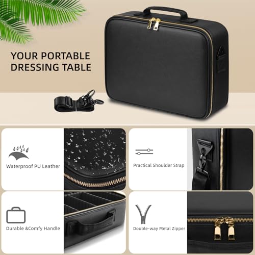 Large Travel Makeup Bag with LED Mirror - Black, 15 Inch