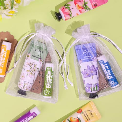 AZEN 16 Sets Bulk Gifts, Hand Cream and Lip Balm Bulk Set with Organza Bag Thank You Card, Baby Shower Wedding Gifts for Guests, Bridal Wedding Favors for Guests,Thank You Gift for Women