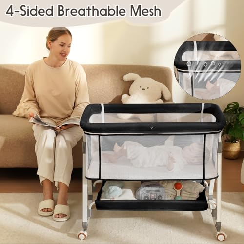 KOLOIO Black 3-in-1 Baby Bedside Bassinet, Portable Crib with Storage & Adjustable Height
