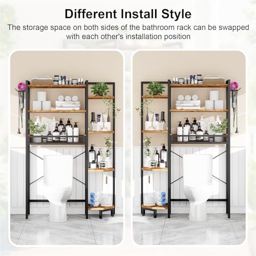 Roxibelt Rustic Brown Over Toilet Storage Shelf 7-Tier with Basket & Hooks
