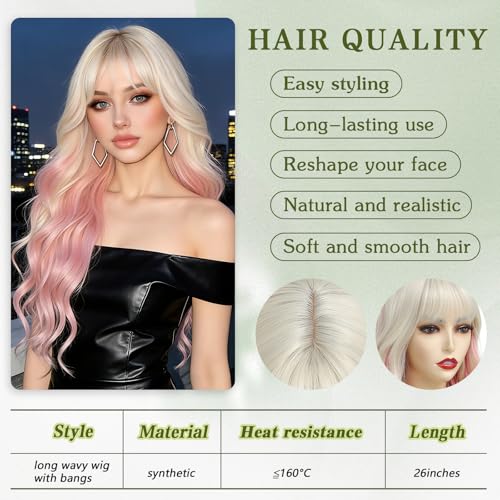 Angzon Blonde Pink Wavy Wig with Bangs, 26 Inch, Heat-Resistant Synthetic Fiber
