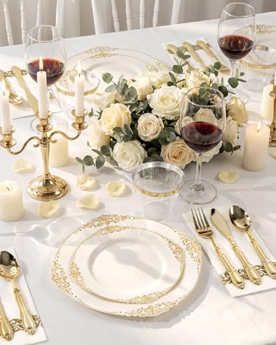 Morejoy Ivory and Gold Plastic Dinnerware Set 350PCS – Elegant Disposable Plates, Cups & Utensils for Events