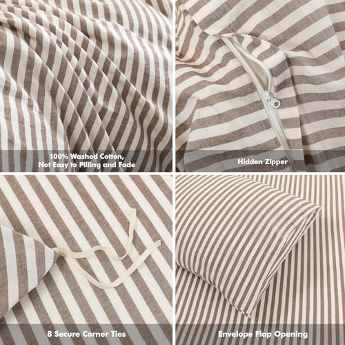 Striped Cotton Linen Feel Duvet Cover Set King Cocoa Brown Variation