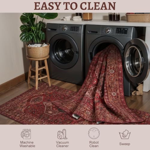 Dark Red 5x7 Washable Area Rug - Oriental Non Slip Living Room Carpet