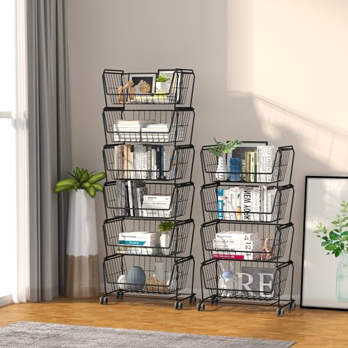 PUSDON Matte Black 6-Tier Stackable Wire Storage Cart with Lockable Wheels