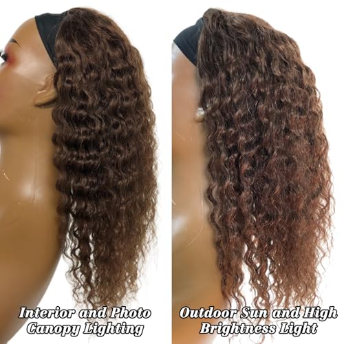 Chocolate Brown Human Hair Headband Wig 10 Inch Deep Wave Curly Wigs for Women - Unprocessed Brazilian Hair, Easy to Wear, Adjustable Fit