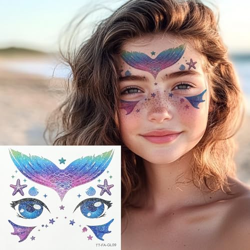 Konsait 10 Sheets Glitter Face Tattoos Animal Fake Tattoos for Girls Face Makeup Tattoo Mermaid Butterfly Temporary Face Tattoo Birthday Halloween Makeup Stickers Party Favors