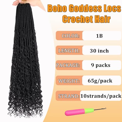 ZRQ 30 Inch Boho Faux Locs Crochet Hair - 9 Packs #1B, Natural Synthetic Goddess Locs