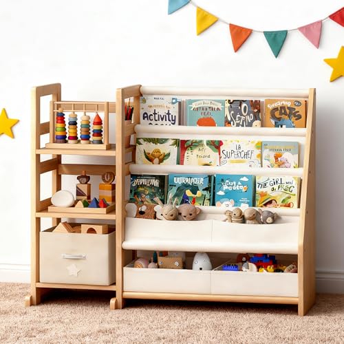 CACEJO Cream White 3-Tier Kids Bookshelf Toy Storage Organizer for Nursery