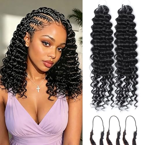 Lounoke Deep Wave Feather Crochet Hair 12in 1B Human Hair Blend, Natural Look