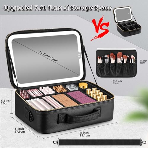 Large Travel Makeup Bag with LED Mirror - Detachable Stand & Adjustable Divider, Black (Variation of THIS listing)