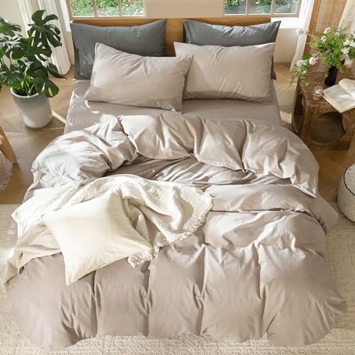 Oversized King Duvet Cover Set - Washed Cotton Linen Look in Heathered Taupe, 120x98