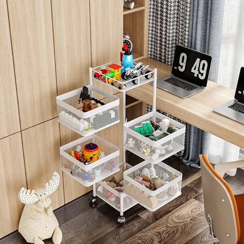 White 5-Tier Rotating Kitchen & Bathroom Storage Cart - No Assembly