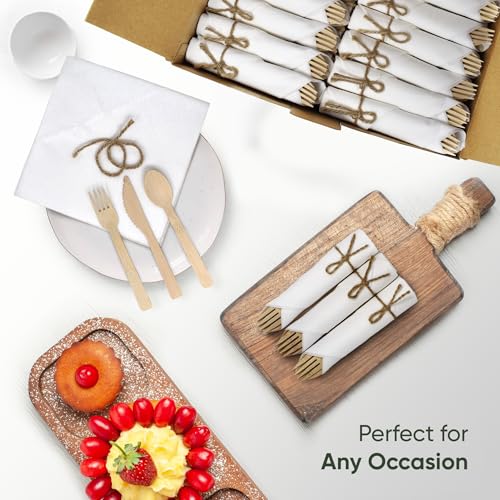 100 Pack EcoPreps Biodegradable Bamboo Cutlery & Napkin Set - Disposable Party Tableware