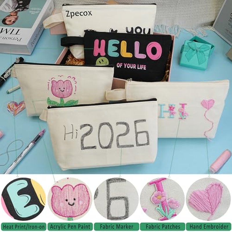 Canvas Zipper Pouch Bulk, Blank DIY Craft Case Blank Makeup Bag, Canvas Pencil Pouch Cosmetic Bag Multi-Purpose Travel Toiletry Zipper Bags (Beige, S, 9x4.7x1.5'')