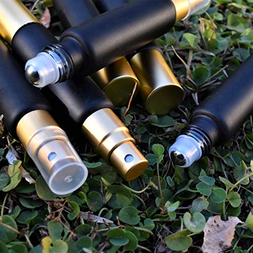 6-Pack Black Glass Bottles with Dual Ends ? Sprayer & Roller Tops ? Leakproof, Premium Essential Oil & Perfume Bottles with Elegant Gold Accents ? Refillable Custom Blend Containers