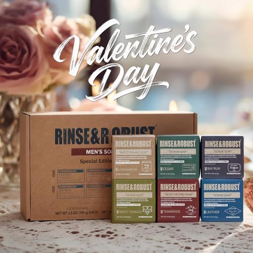 Rinse & Robust Mens Natural Bar Soap 6Pcs Handmade Cleansing Soap Bar Set Moisturizing&Exfoliating Scrub Soap Gifts for Men 6 Different Scents 3.5 oz of 6 Bars