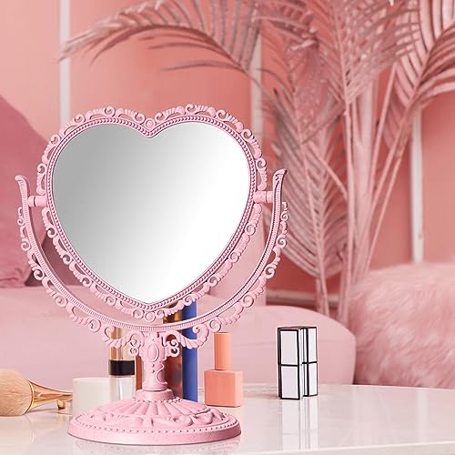 Pink Heart Vanity Mirror - Double Sided 360 Degree Swivel - Aesthetic Makeup Cosmetic Mirror for Table Desk Countertop Dresser Coquette Bathroom Bedroom Decor