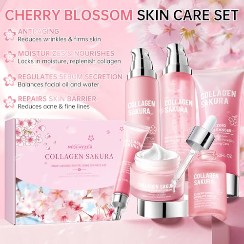 Collagen Sakura Skincare Gift Set Pink - 6 Pieces Moisturizing & Revitalizing Routine for Women & Teens