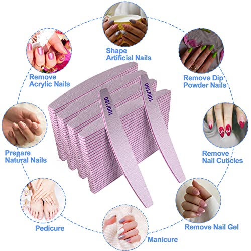 Nail Files (100 Pcs), 100/180 Grit Nail File Emery Board Bulk for Acrylic Nails and Natural Nails, Limas para Unas Acrilicas Profesional Pack Filers for Gel Nail Double Sided Manicure Curved Gray
