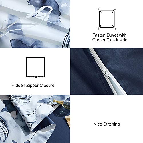 Navy Blue Queen Duvet Cover Set 3 Pieces Floral Spring Pattern Zipper & Ties