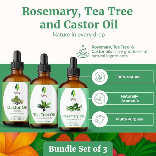 SVA Rosemary Essential Oil, Tea Tree Essential Oil and Castor Oil 4oz Bundle Super Saver Combo ? Premium Grade Value Set for Hair Oiling, Scalp Massage, Hair Care, Skin Care and Body Massage