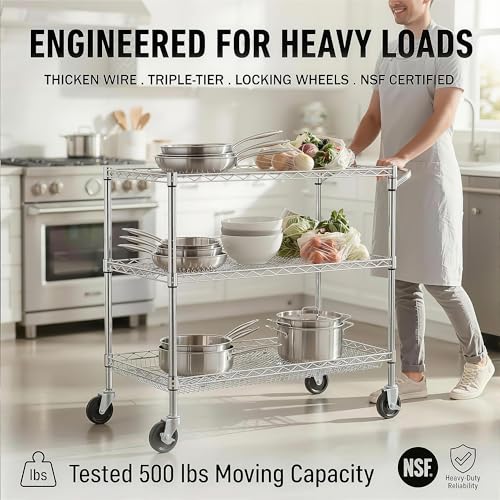 Finnhomy Chrome 3-Tier Heavy Duty Utility Cart 36"L x 24"W x 35.4"H, NSF