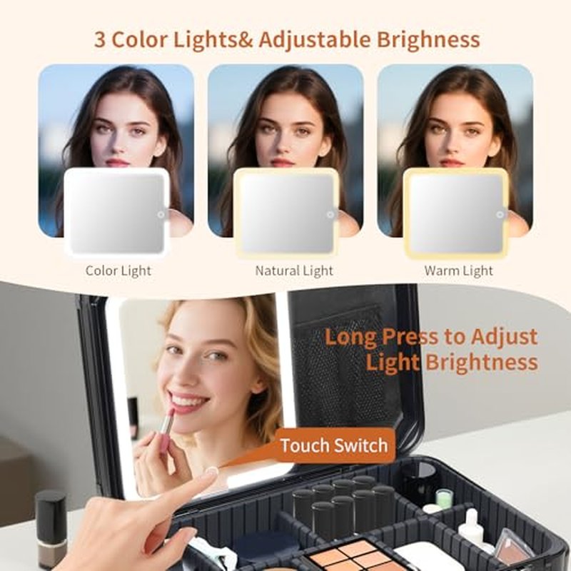 15"x11" Makeup Case with Lighted Mirror & Brush Holder - Waterproof Travel Organizer, Customizable Storage, Rechargeable LED Vanity for Women (black)