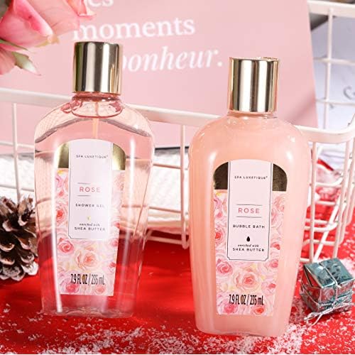 Spa Luxetique Gifts for Women - 10pc Rose Spa Basket, Deluxe Spa Tote Bag Bath Set with Wooden Handle, Bath Salt, Hand Soap, Body Butter, Christmas Gifts for Women