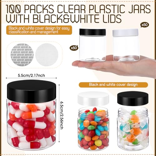 Mini 4 oz Plastic Jars with Black and White Lids - Clear Reusable Storage Containers