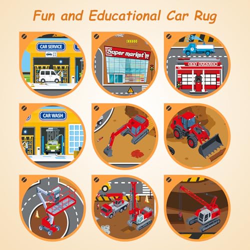 Kids Construction Site Play Rug 6x9 ft Brown Interactive Playroom Mat