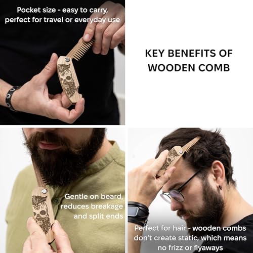 Wooden Beard Comb for Men - Folding Walnut Grooming Tool, Mustache & Hair Brush