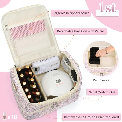 Nail Polish Organizer Bag - Nail Organizers and Storage Case Holds 45 Bottles & Nail Lamp, Travel Nail Tech Carrying Bag for Nail Supplies, Manicure Tools, Nail Kit, Nail Tech Gifts for Women