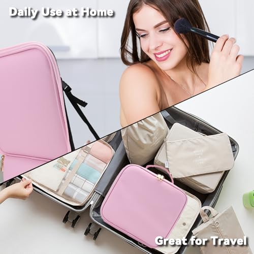 Travel Makeup Bag with LED Mirror & 10x Magnifying Glass - Light Pink, Adjustable Dividers & Brush Storage