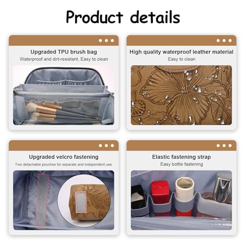 Travel Makeup Bag Set of 3 - Brown Floral Cosmetic Organizer with Handle