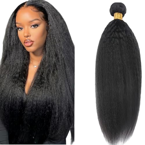 26 Inch Yaki Straight Human Hair Bundles 1B Natural Black Kinky Straight
