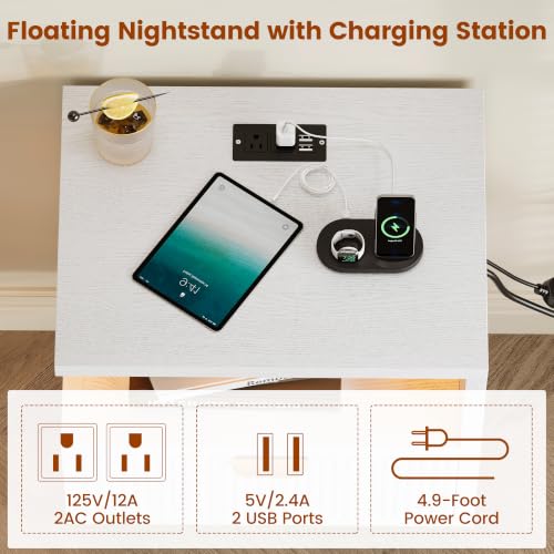 Homeiju Floating Nightstand with Charging Station & RGB LED Lights, Wall-Mounted Bedside Table with Drawer