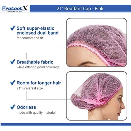 ProtectX 500-Pack Pink Disposable Hair Nets, Elastic Head Cover, Bouffant Caps, Sanitation Head Cover for Food Service, Spa Men & Women - 21 inch