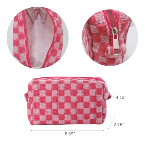 Pink Checkered Makeup Bags Set - 6 Pack Gift for Women, Bridesmaids & Teachers