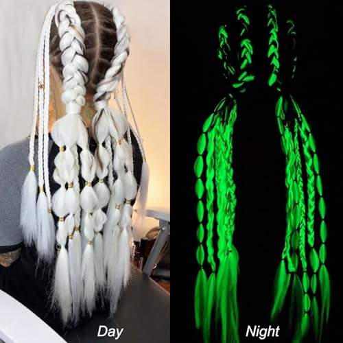 White Glow in the Dark Hair Extensions - 5pcs Pre Stretched Jumbo Braiding Hair for Kids & Women - Variation: White